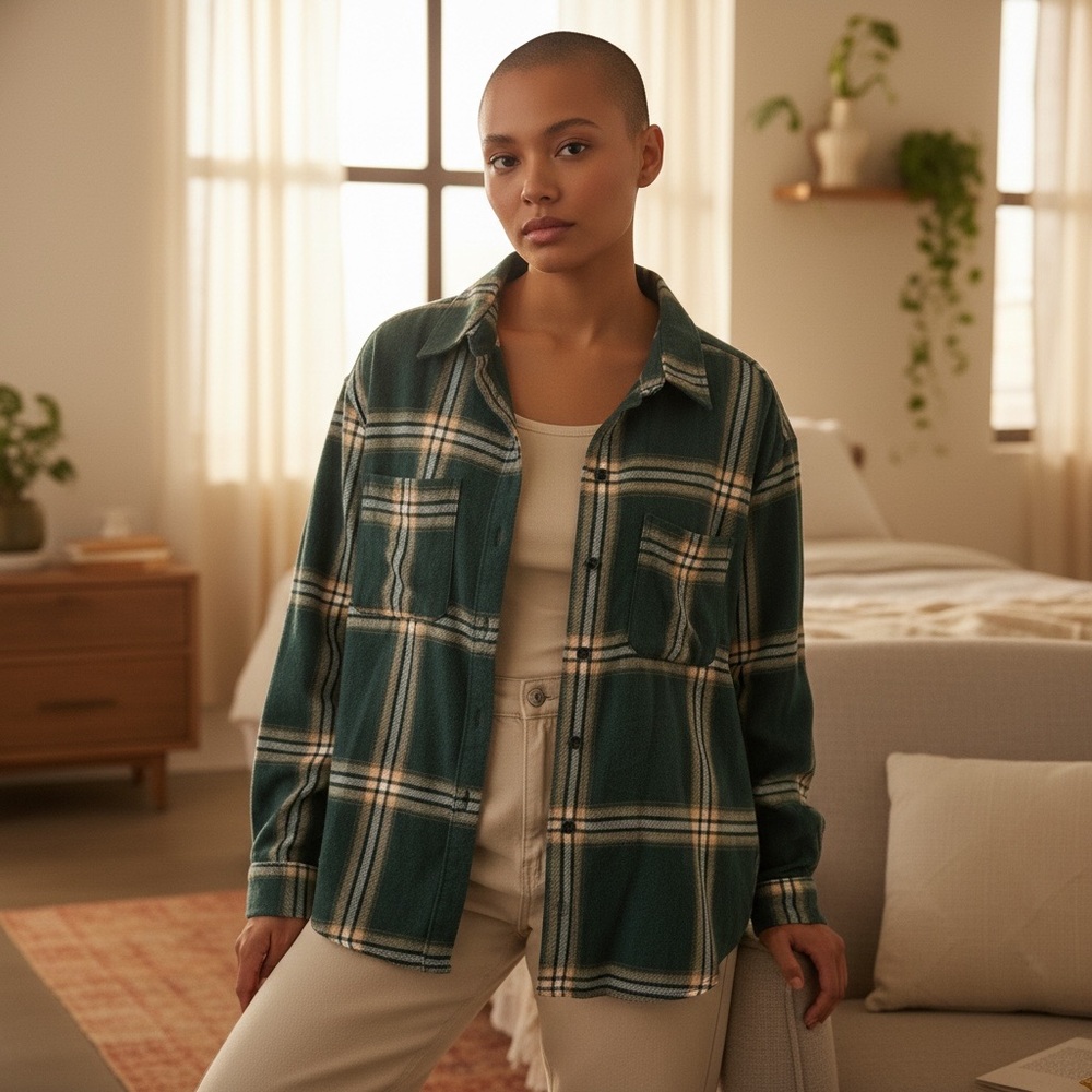 Wonderly Green Plaid Flannel Shirt Oversized Boyfriend Style XL - Picture 3 of 11